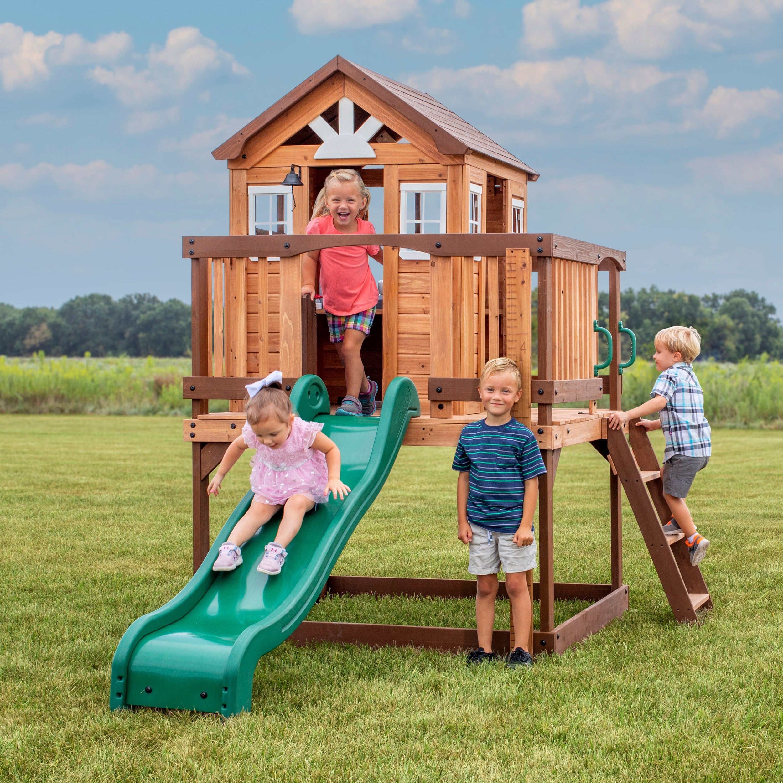 Play until your heart is content, our wooden cubbies and elevated playsets provide so much adventure for kids!