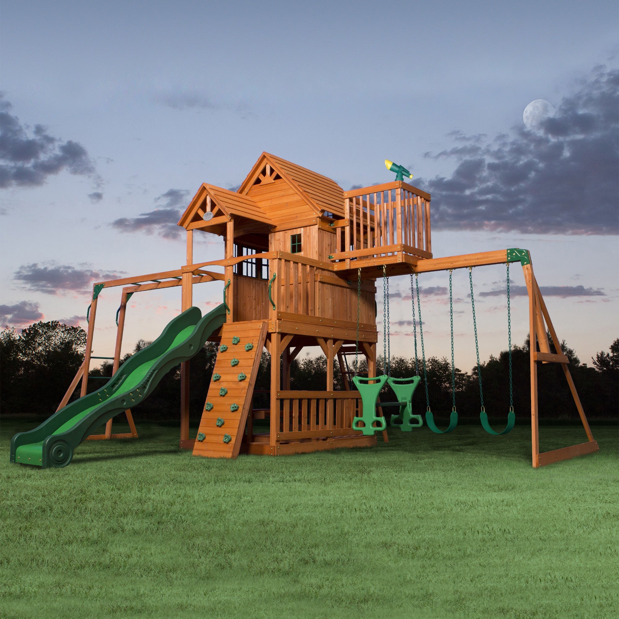 Swing Sets come with so many fun features and amenities. Kids will spend hours exploring and having fun!