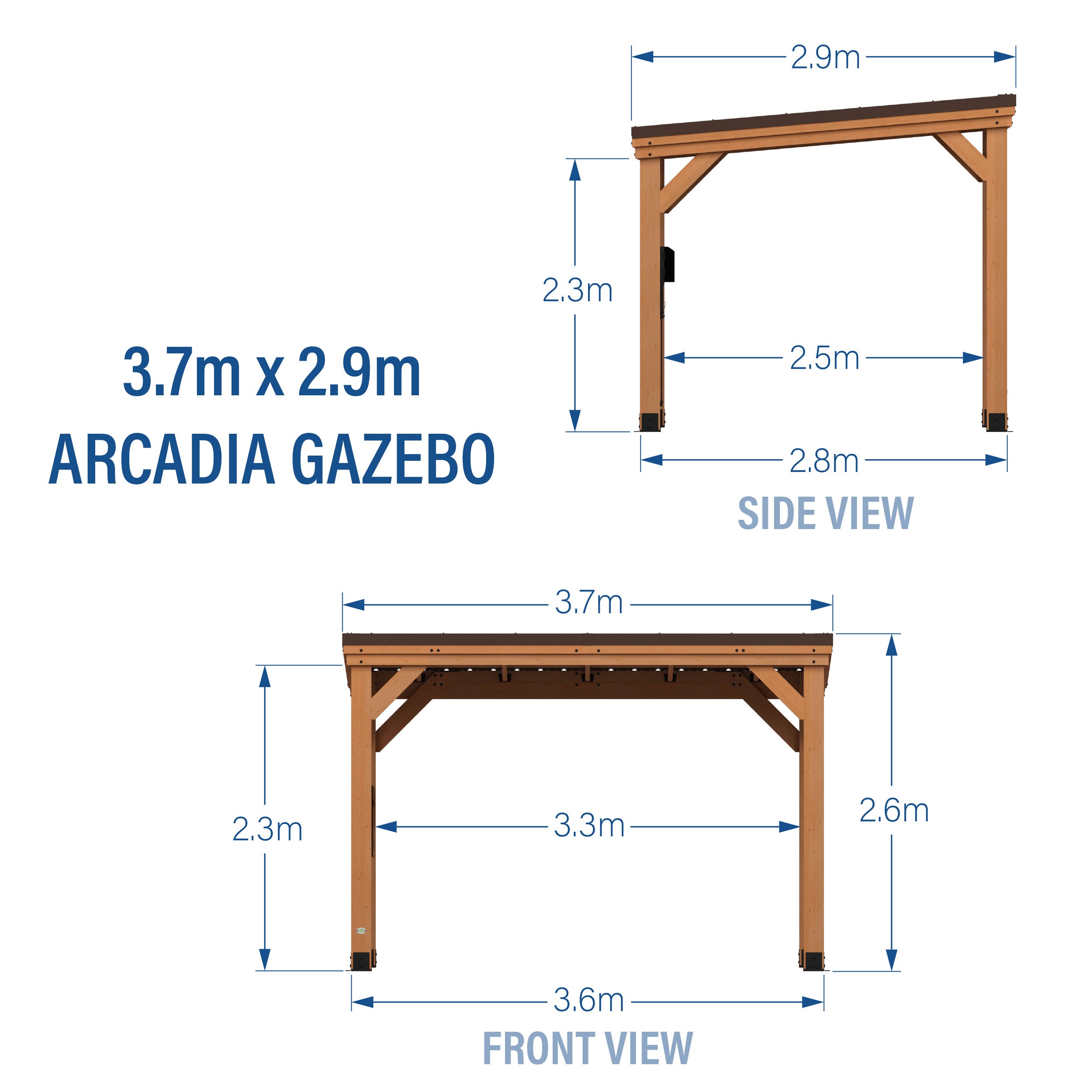 3.7m X 2.9m Arcadia Slope Roof Gazebo Metric Dimensions