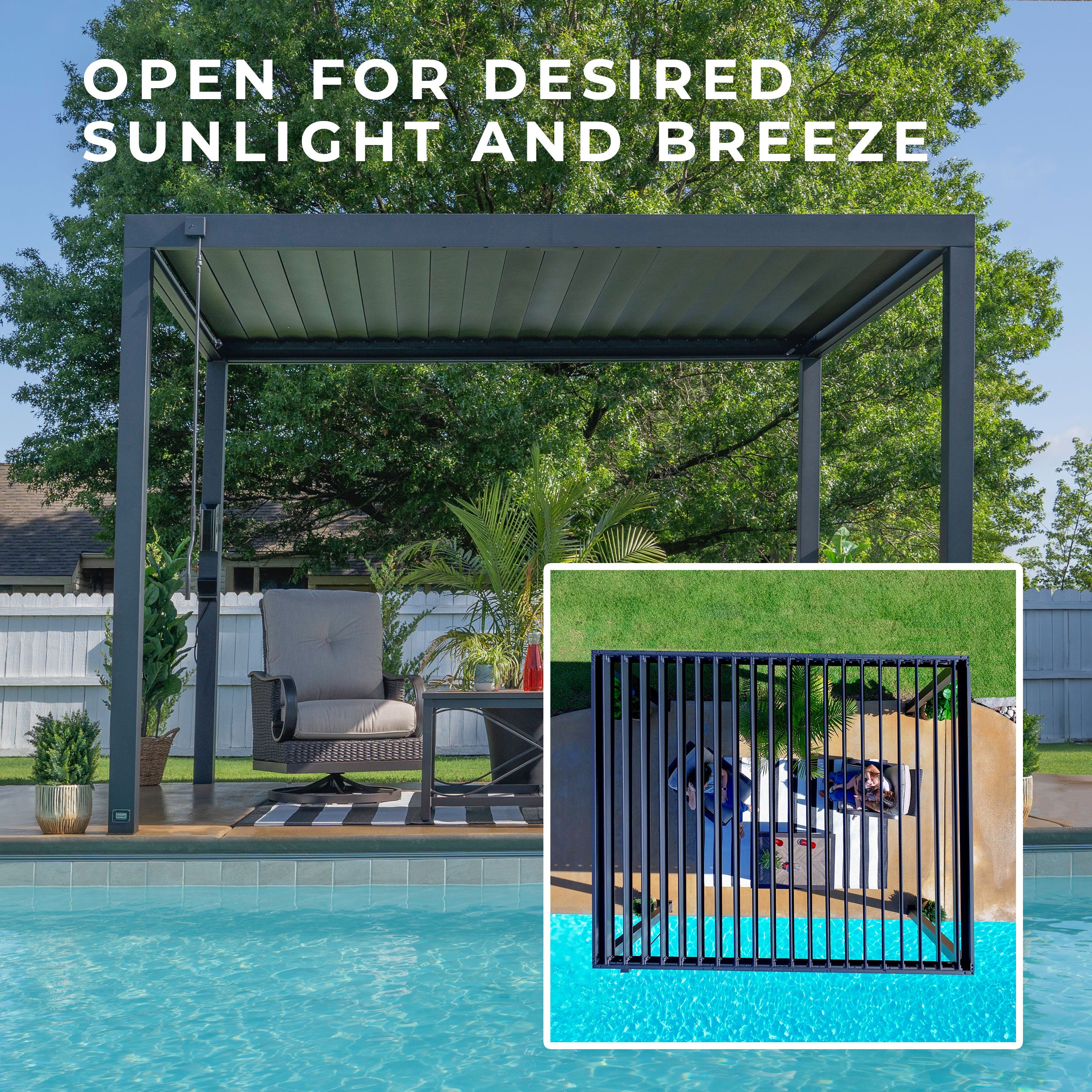 3.6m X 3m Sarasota Steel Louvered Pergola leave open for sunlight and breeze