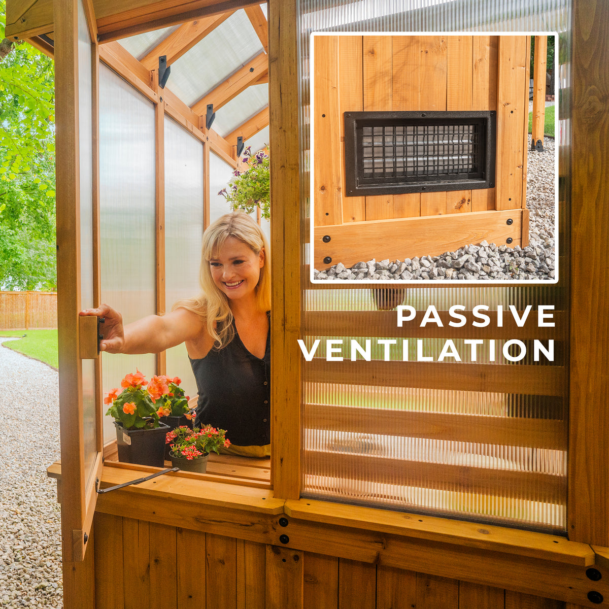 Woman gardening inside a cedar greenhouse shed with built-in windows for passive ventilation vents shown.