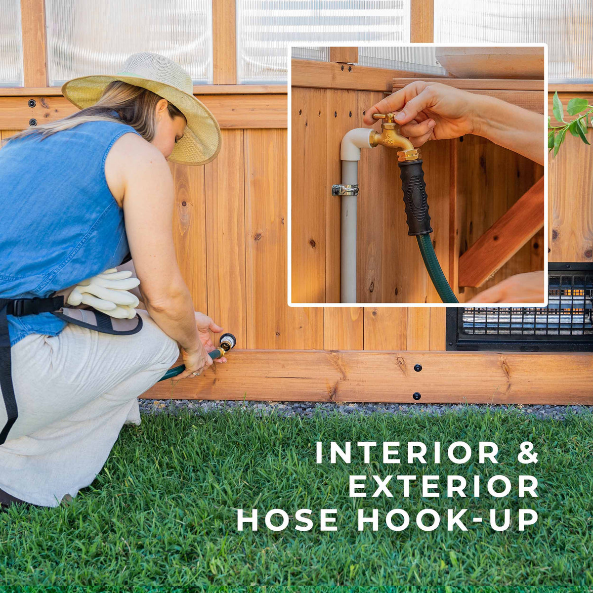 Woman connecting a garden hose to the exterior hookup on the Willow outdoor greenhouse's cedar base.