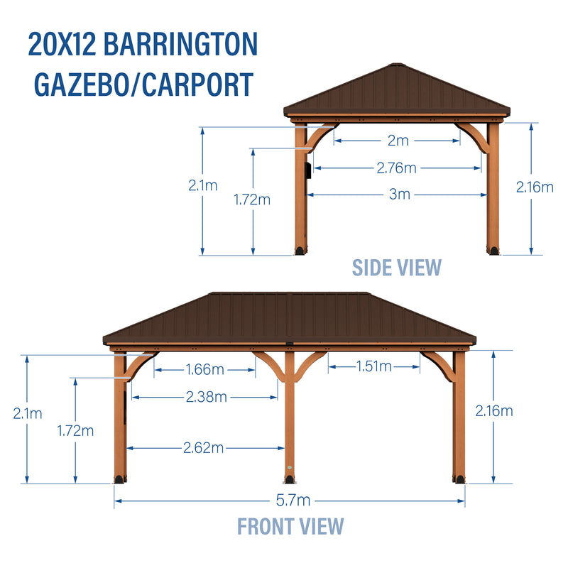 6.1m x 3.7m Barrington Gazebo/Carport (20ft x 12ft) specifications