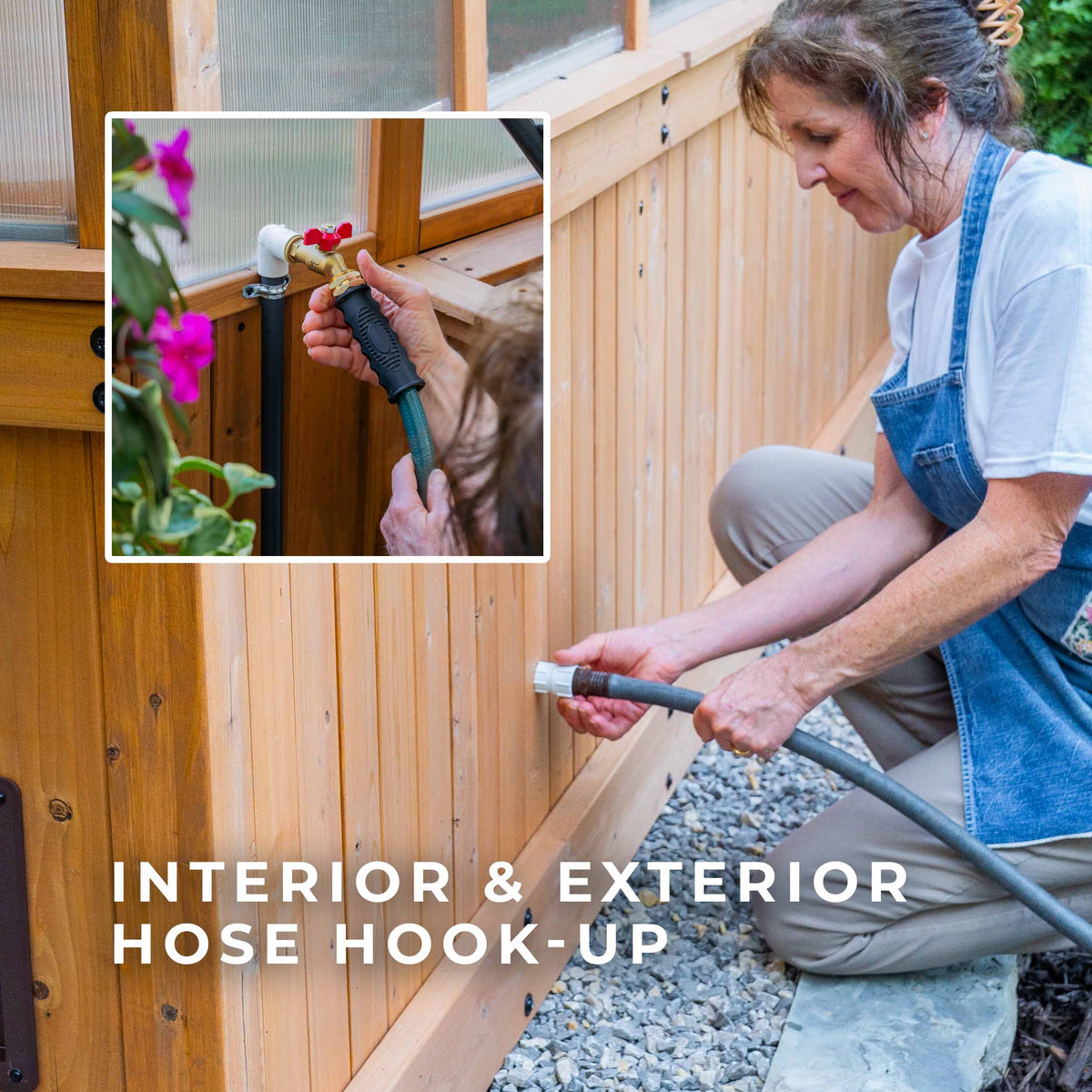 Bellerose woman connecting a garden hose to the built-in exterior inlet of a cedar greenhouse for backyards.