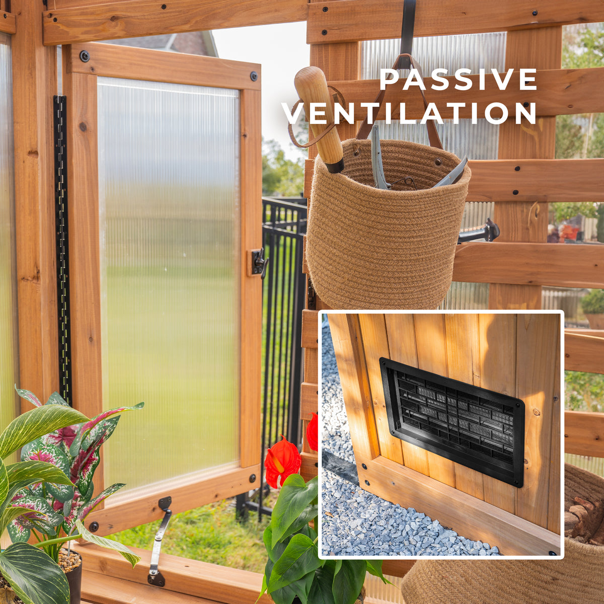 Bellerose cedar diy greenhouse with passive ventilation window, intake vent, and hanging tool basket.