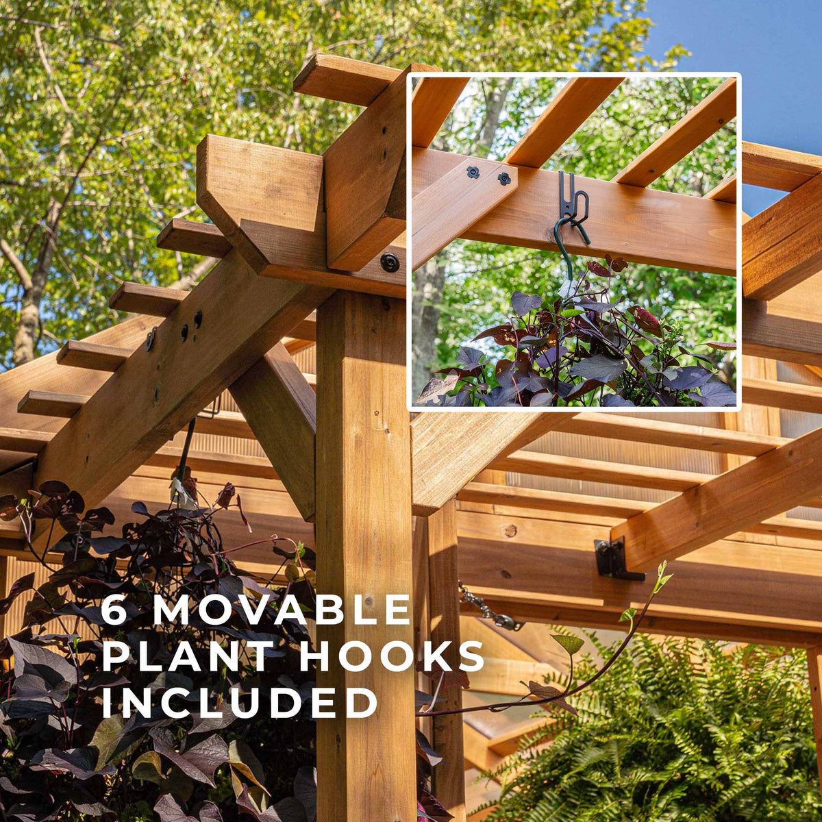 Bellerose cedar year round greenhouse with movable plant hooks hanging a purple-leafed plant basket.