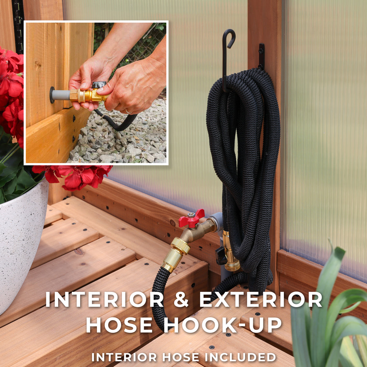 The included brass spigot inside the greenhouse kit connects to a black hose hung on a wall hook.