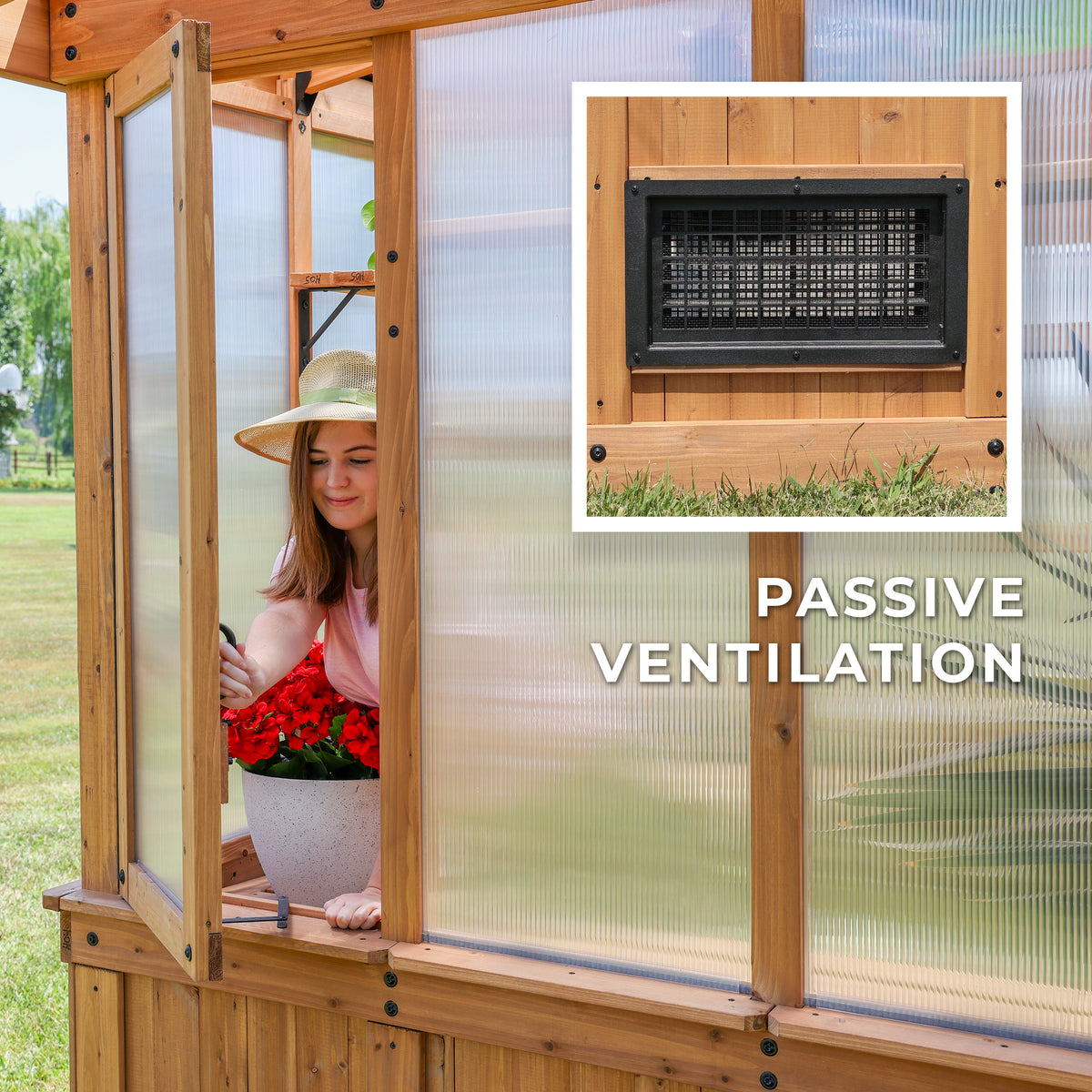 Woman tending a potted plant inside a cedar and polycarbonate Poppy greenhouse with an intake vent and operable windows.