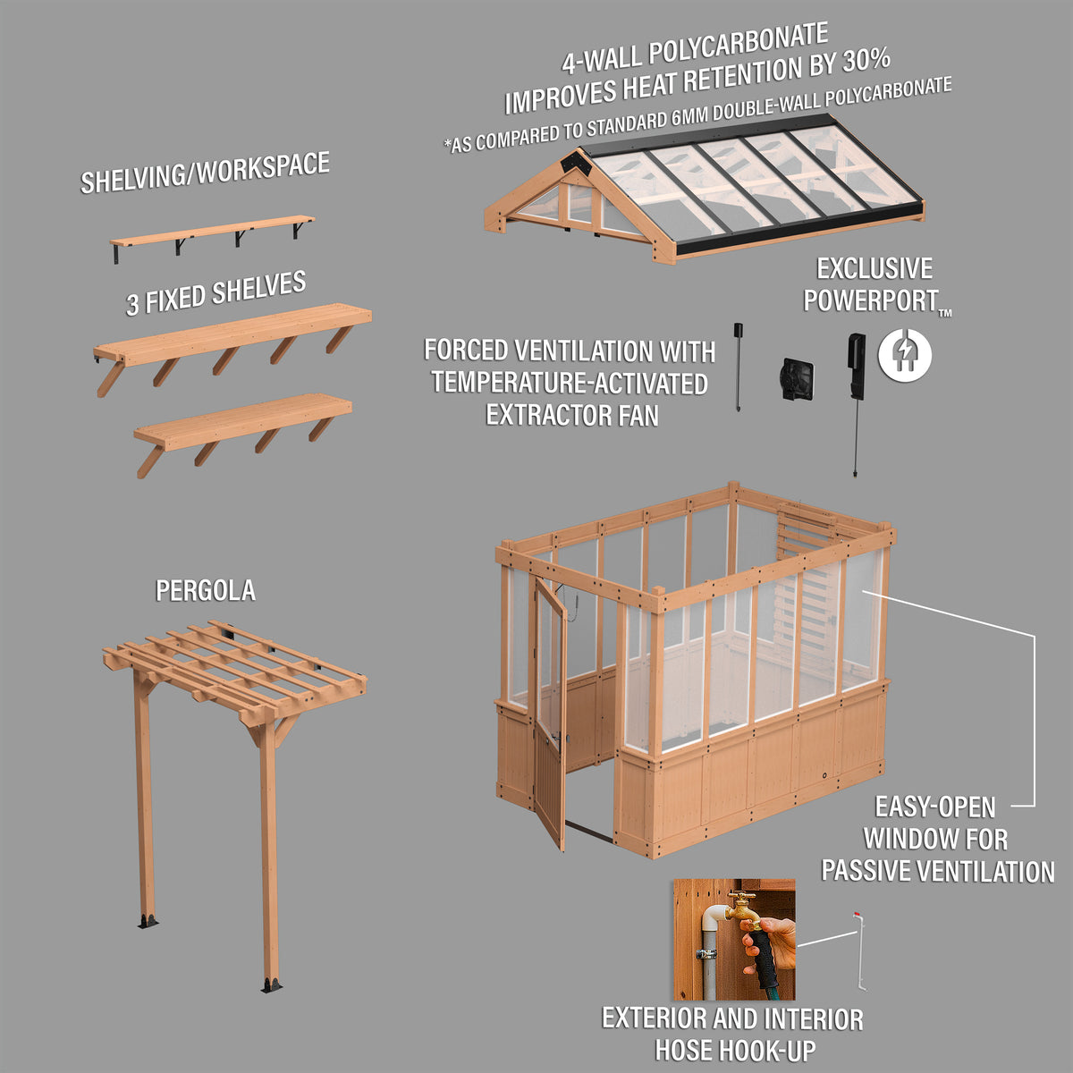 Exploded assembly diagram showing every part included with the garden greenhouse.