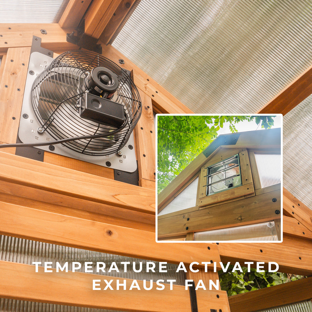 Thermostat exhaust fan mounted in a cedar greenhouse wall with 4-wall polycarbonate panels visible.