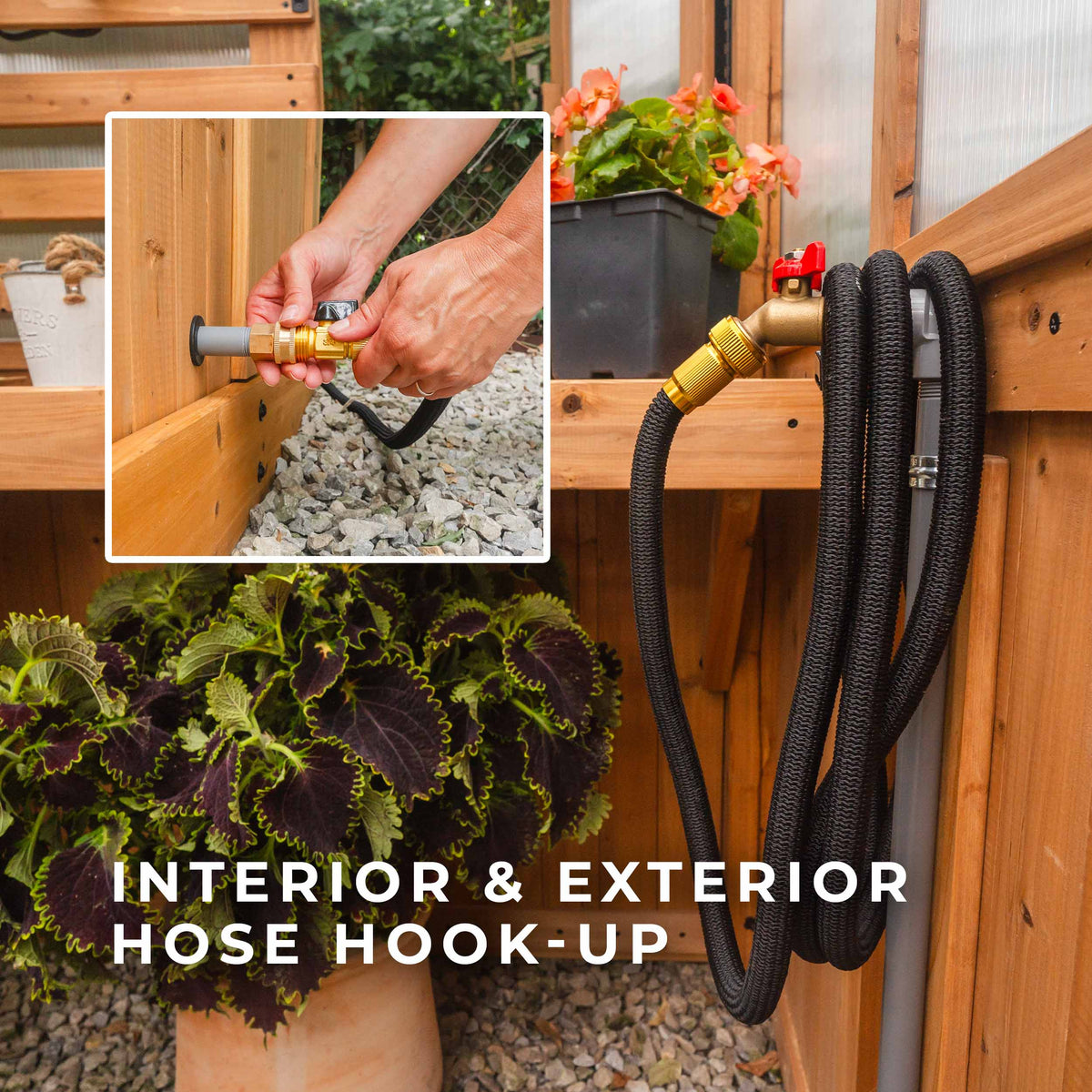 Exterior hose inlet and interior brass water spigot built into the base of a cedar greenhouse.