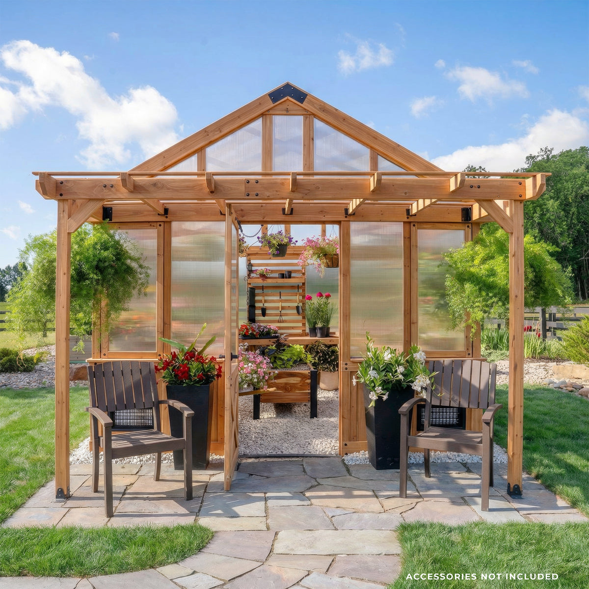 Cedar and polycarbonate Bellerose XL greenhouse with a peaked roof and integrated pergola overhang.