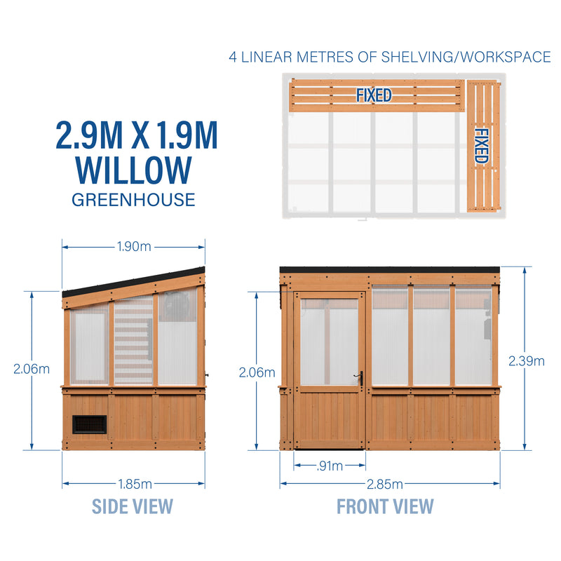 2.9m x 1.9m Willow Greenhouse specifications